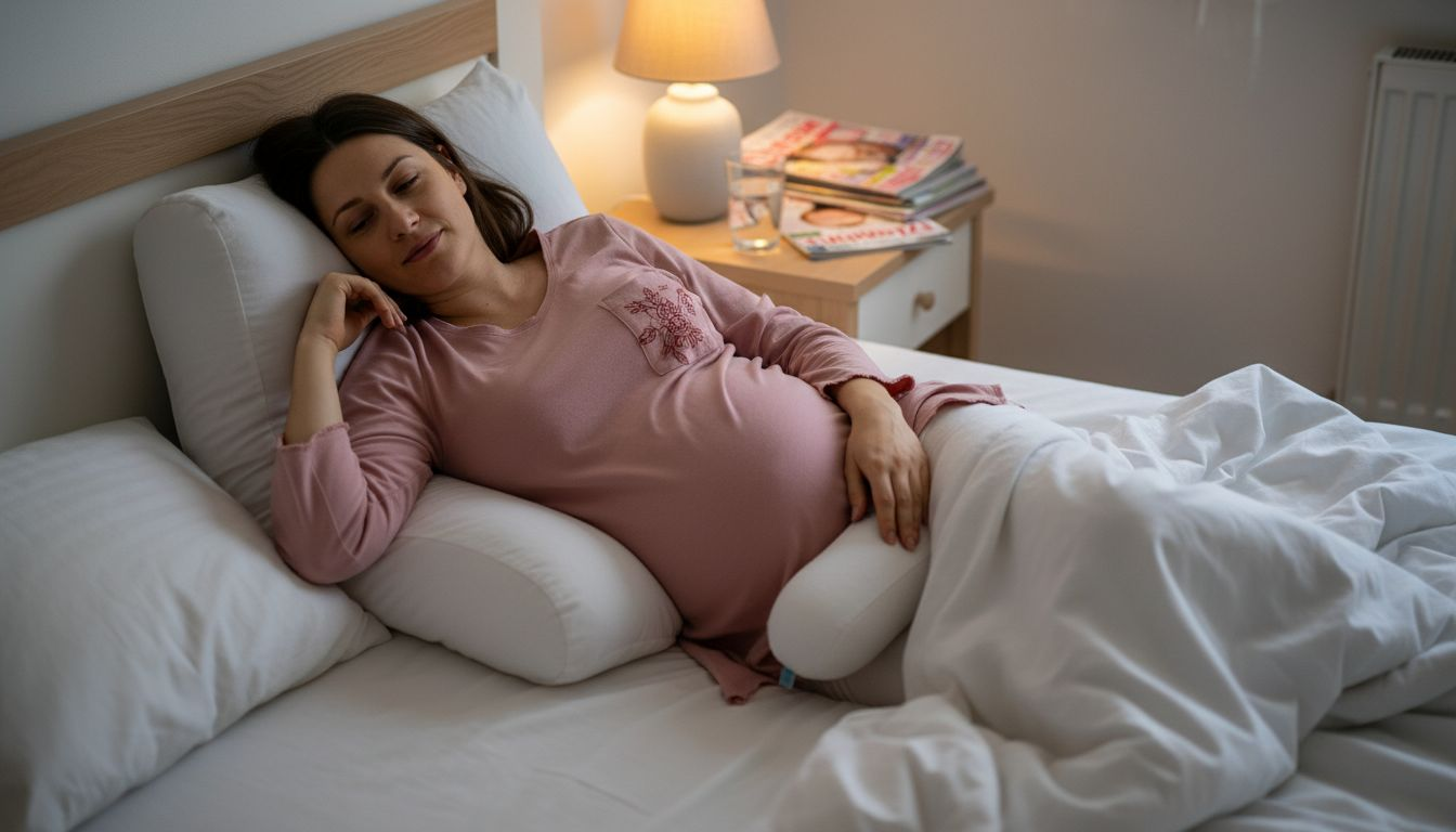 Kobieta w ciąży ułożona w zalecanej pozycji odciążającej