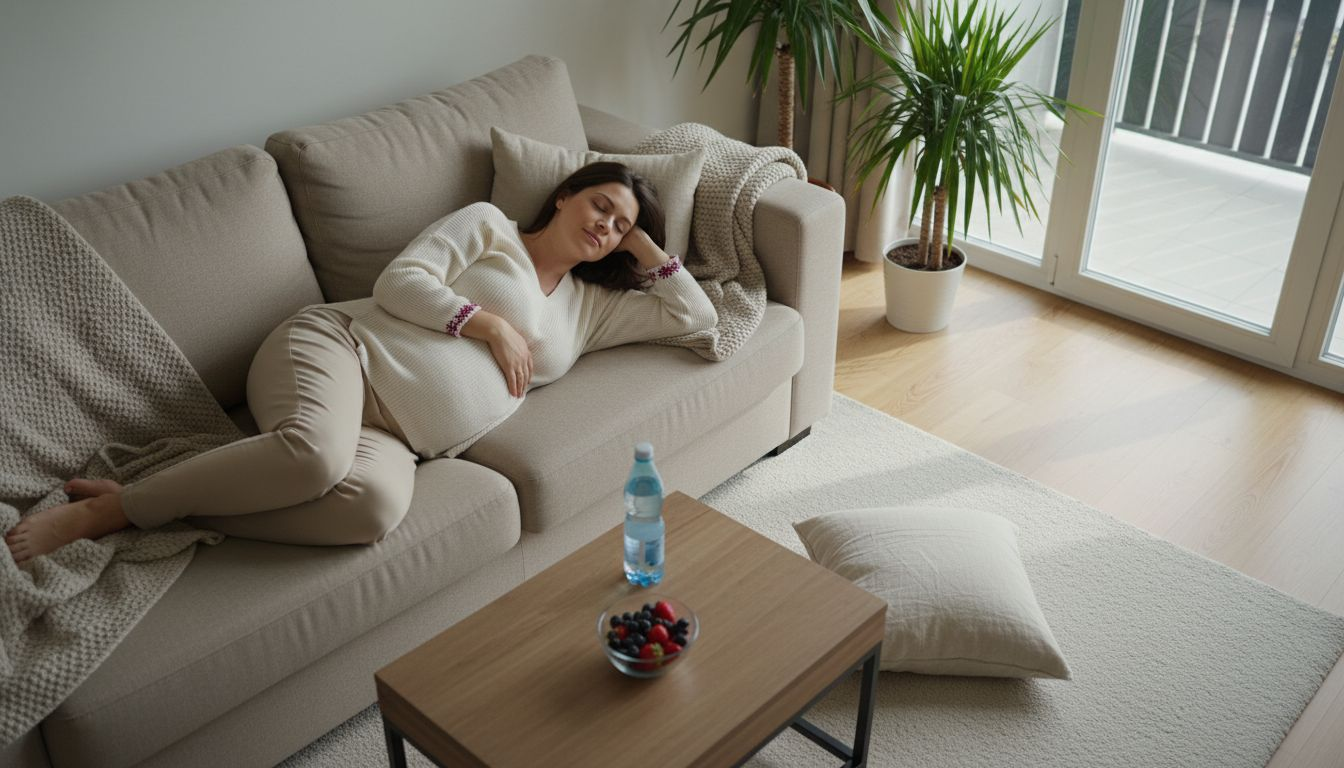 Przyszła mama odpoczywa w swoim salonie, ciesząc się chwilą spokoju.
