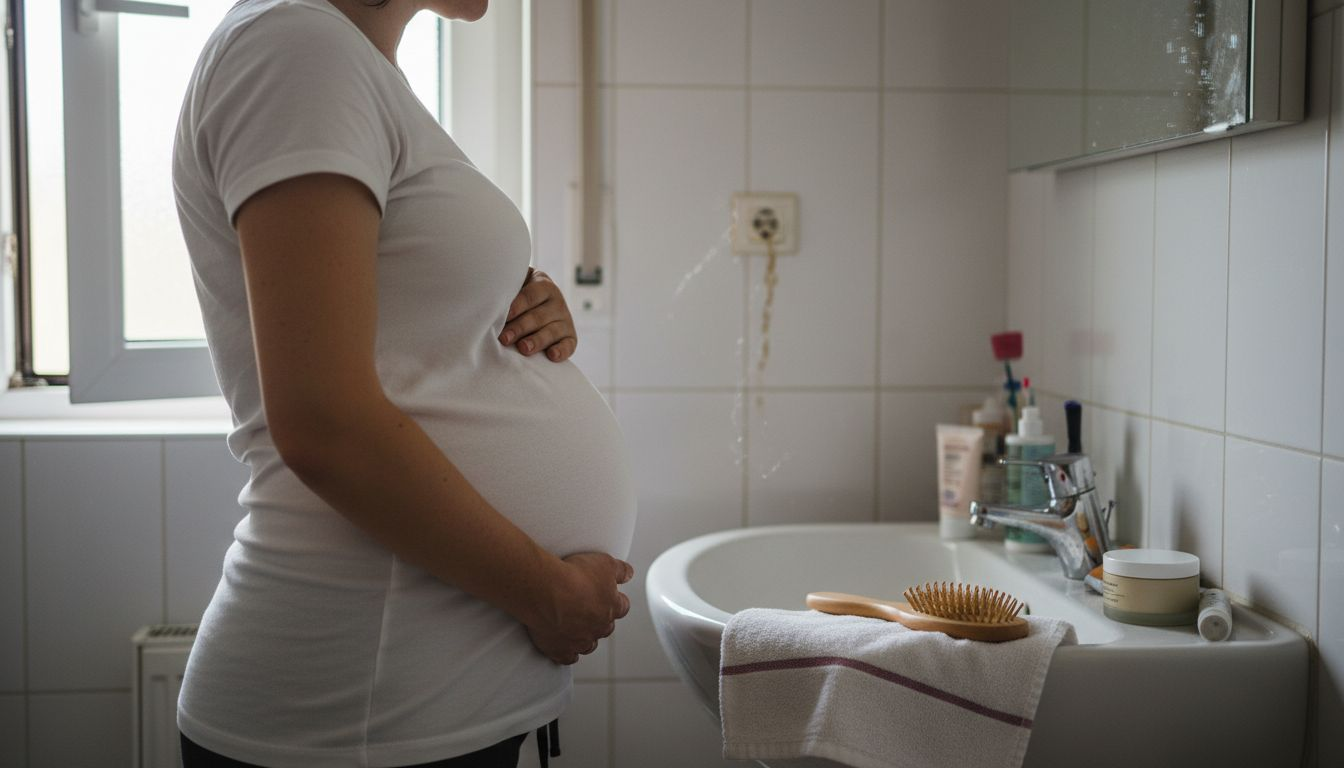 Kobieta w ciąży stojąca przed lustrem w łazience