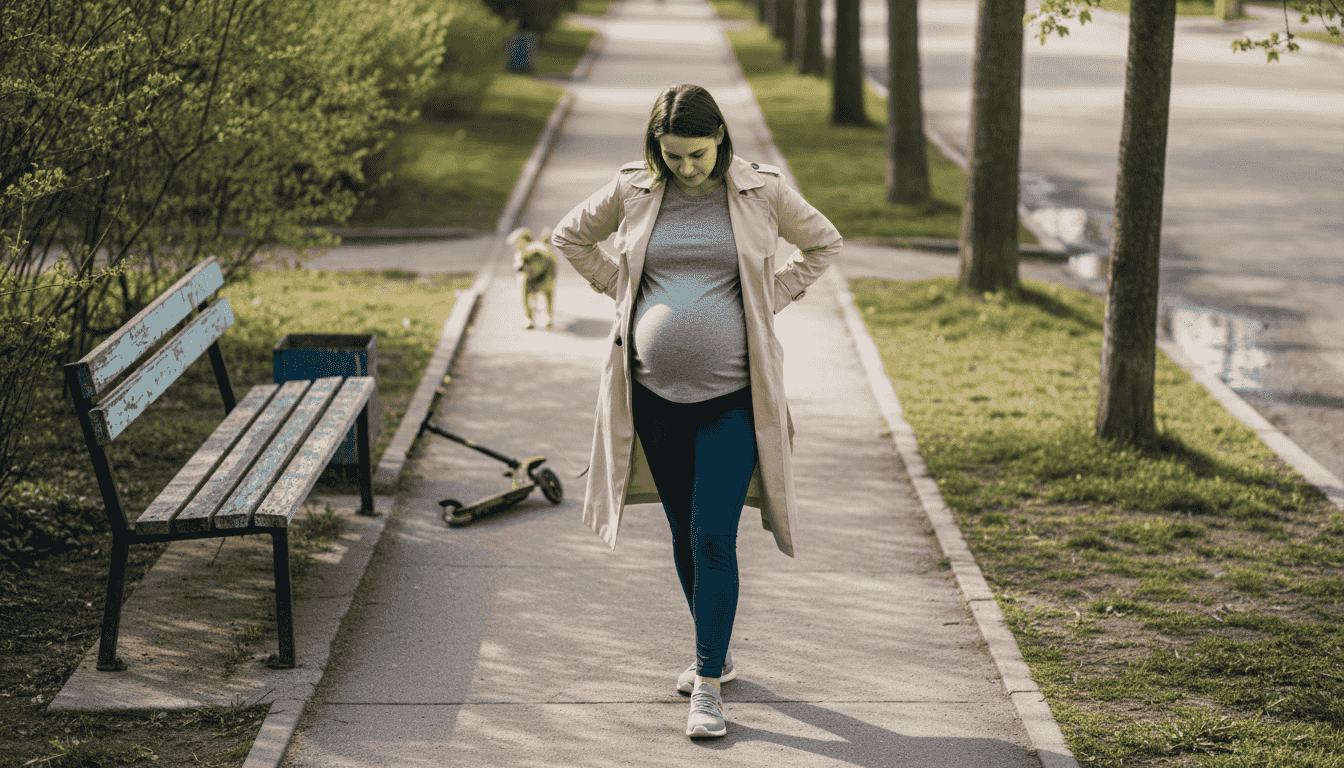 Kobieta w ciąży spacerująca po chodniku między blokami