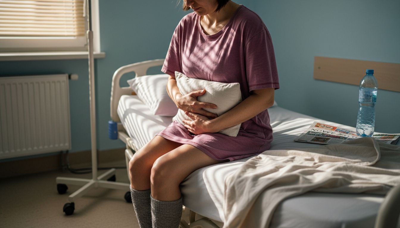 Mama podtrzymuje miejsce cięcia poduszką, żeby złagodzić ból i zapewnić sobie większy komfort.