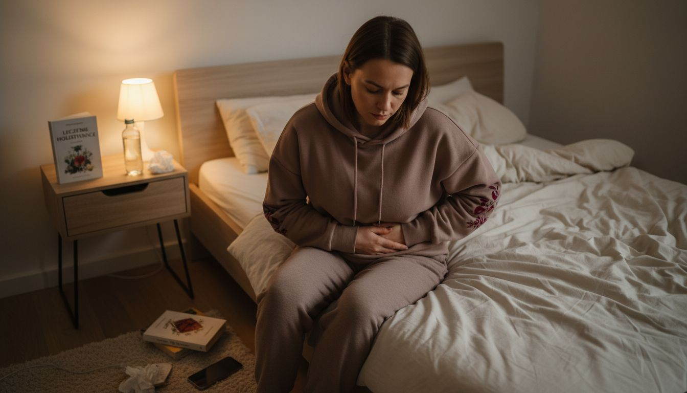 Kobieta delikatnie masuje brzuch, relaksując się w przytulnej sypialni.