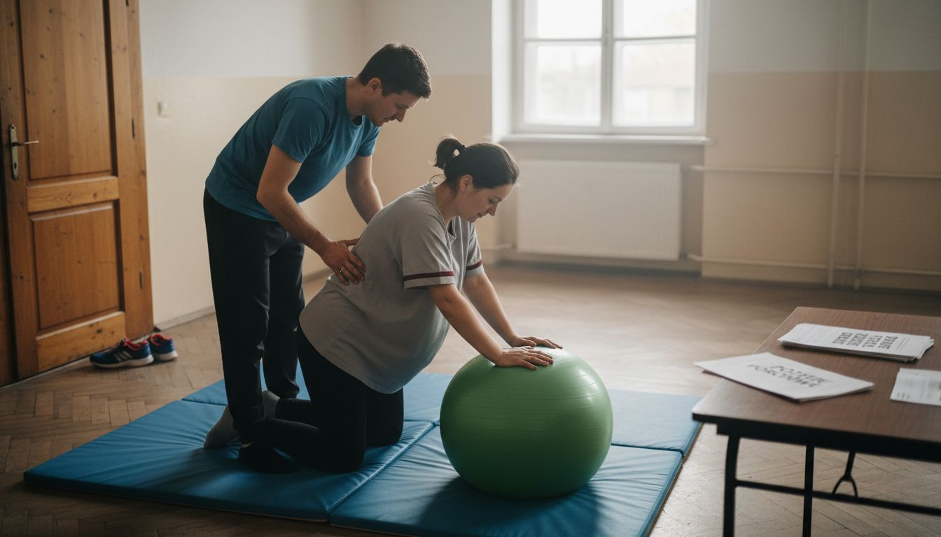 Przyszli rodzice wspólnie ćwiczą pozycje do porodu.