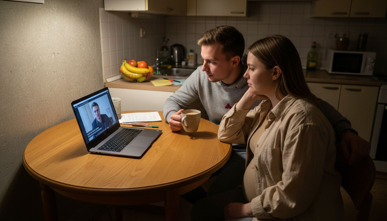 Małżeństwo siedzi przy stole i bierze udział w kursie online.