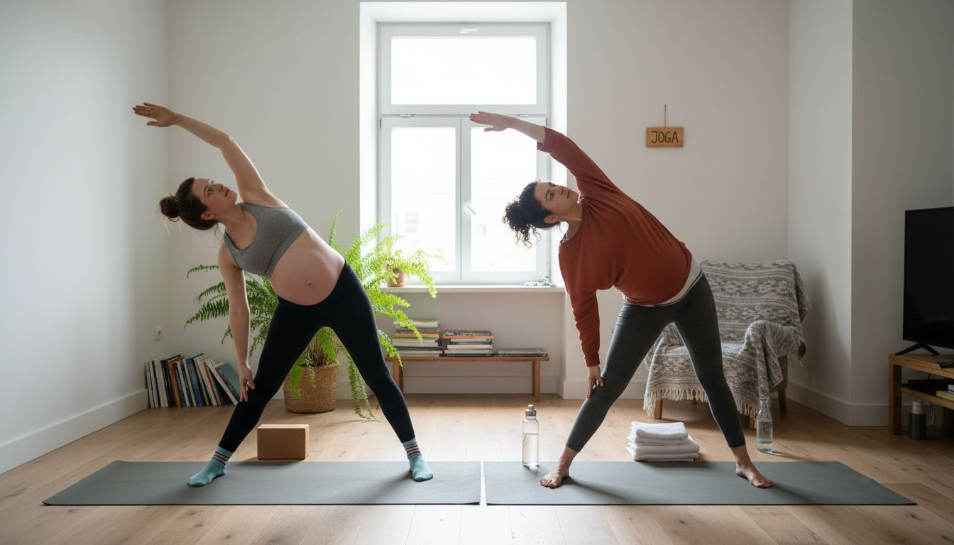 Przyszłe mamy wspólnie uczestniczące w zajęciach jogi dla kobiet w ciąży