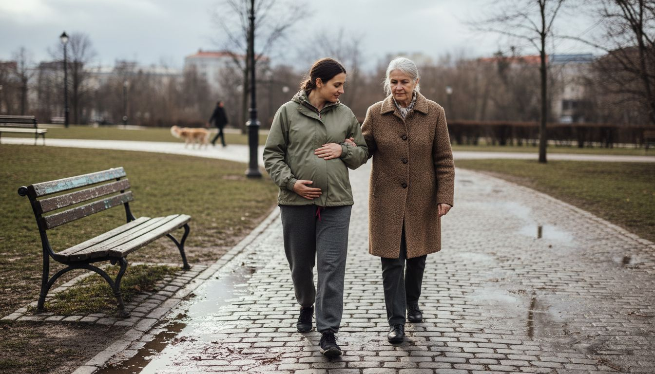 Przyszła mama spaceruje po parku w towarzystwie bliskiej osoby.