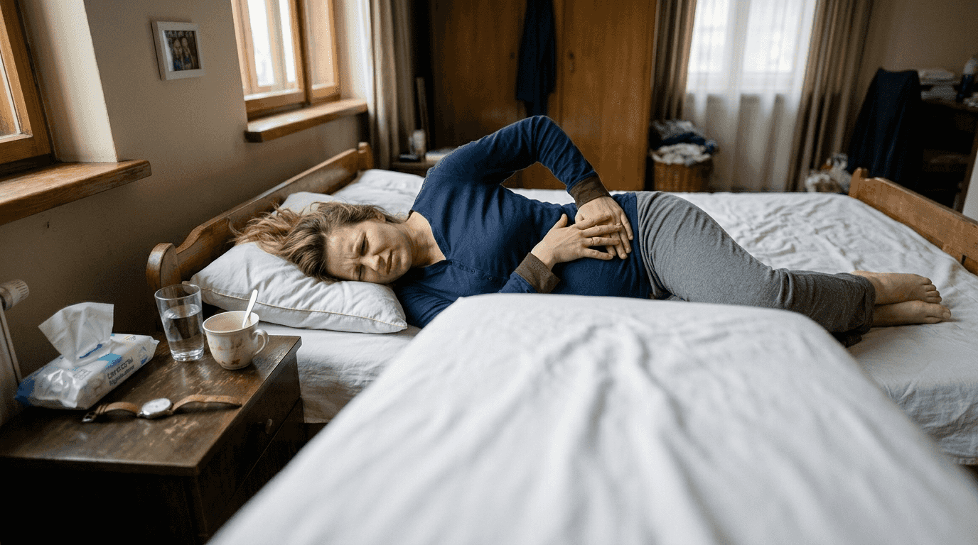 Kobieta w ciąży trzyma się za bok, wyraźnie odczuwając ból.