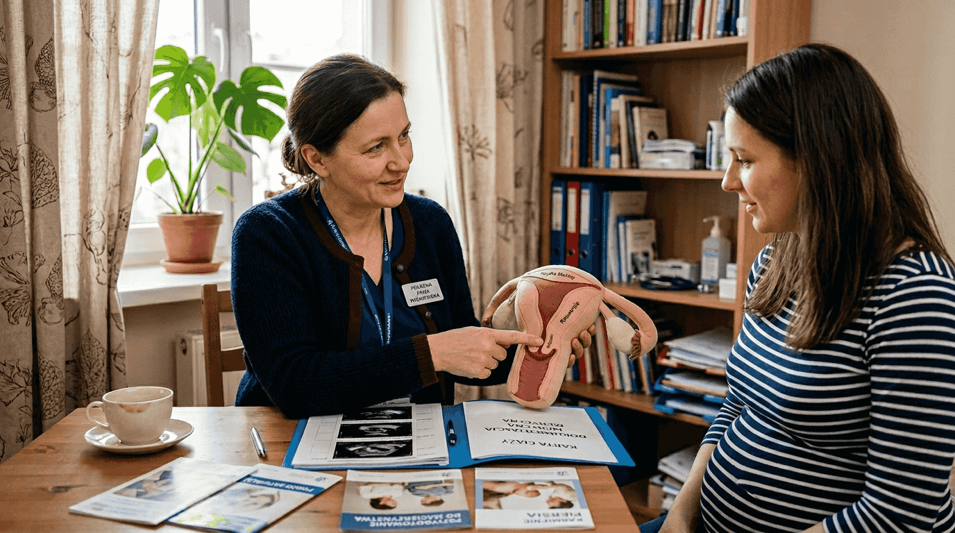 Położna objaśnia przyszłej mamie budowę szyjki macicy, używając specjalnego modelu.