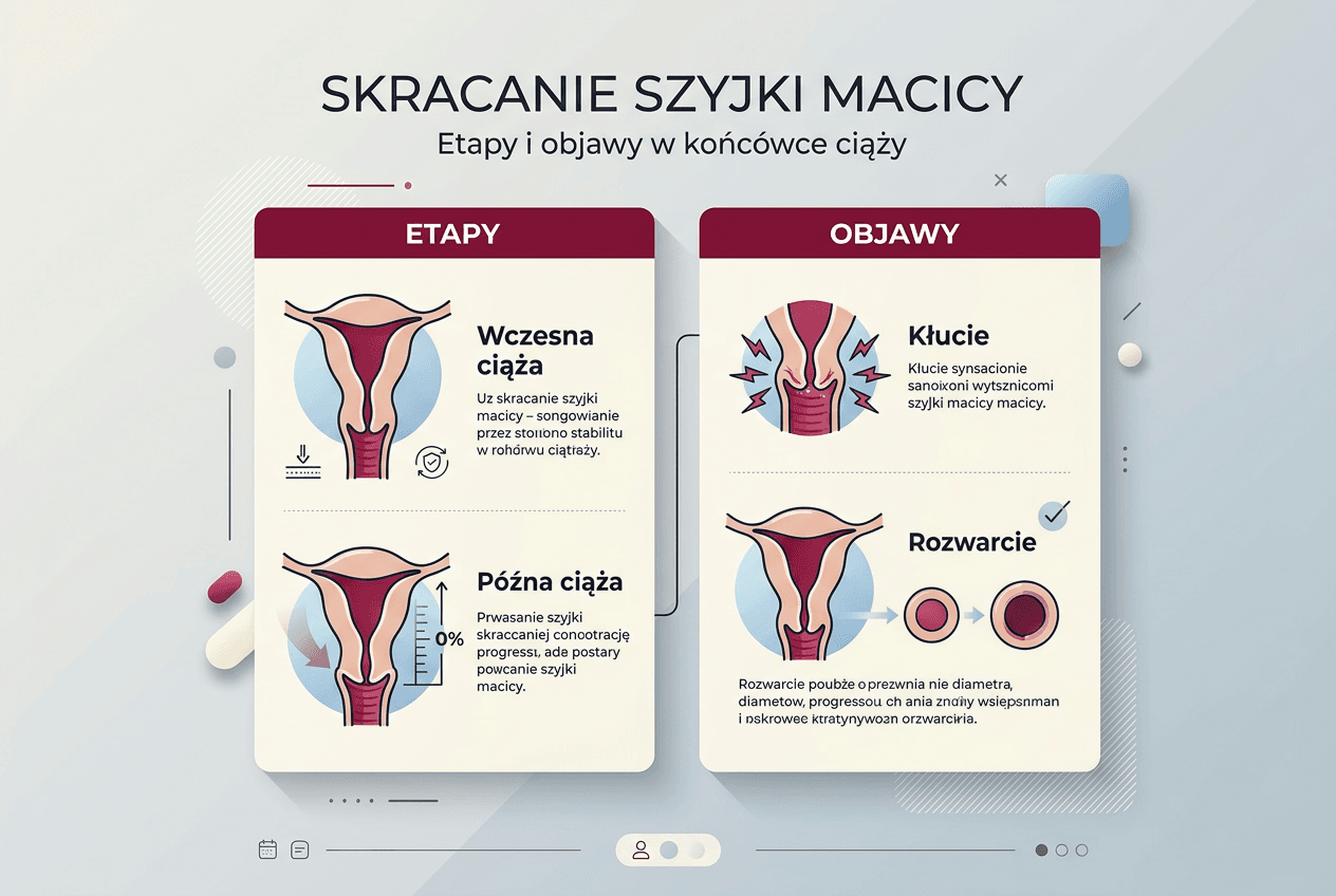 Infografika: jak przebiega skracanie szyjki macicy i jakie są jego objawy