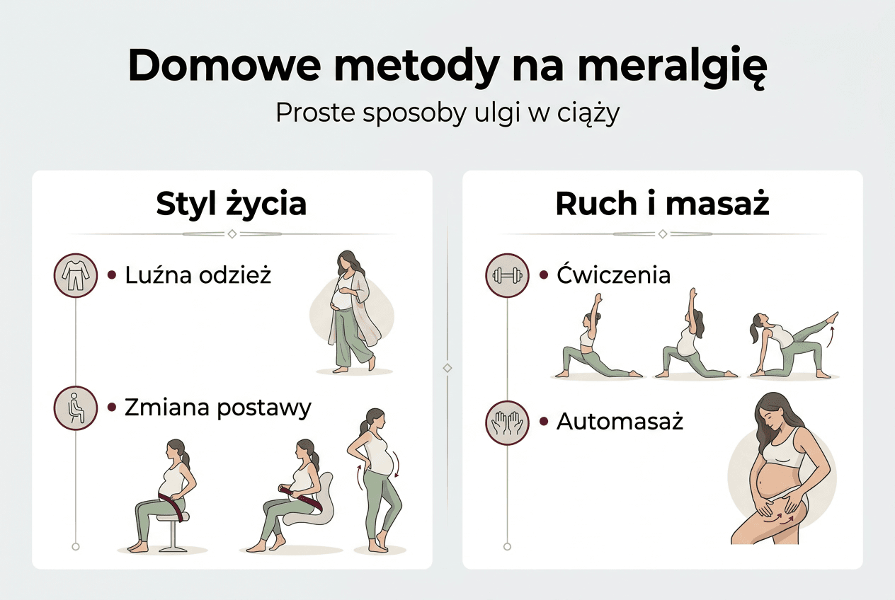 Infografika: domowe sposoby łagodzenia meralgii podczas ciąży