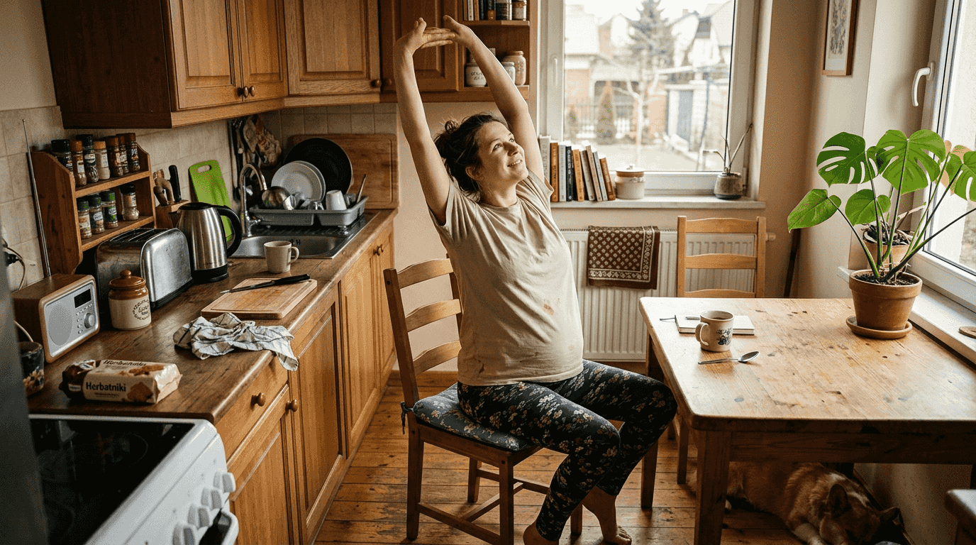 Przyszła mama rozciągająca się podczas krótkiej przerwy na siedząco