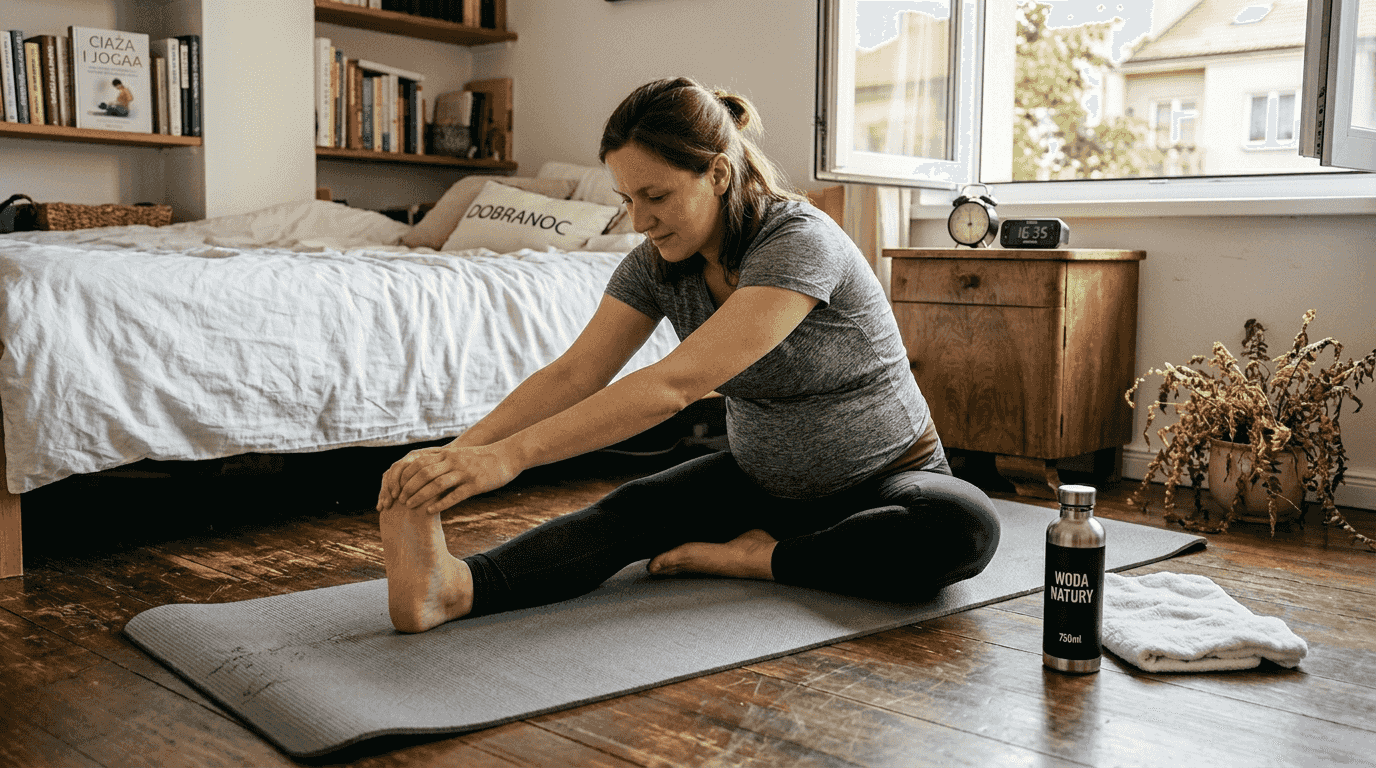 Kobieta w ciąży wykonuje rozciąganie łydek w swojej sypialni.