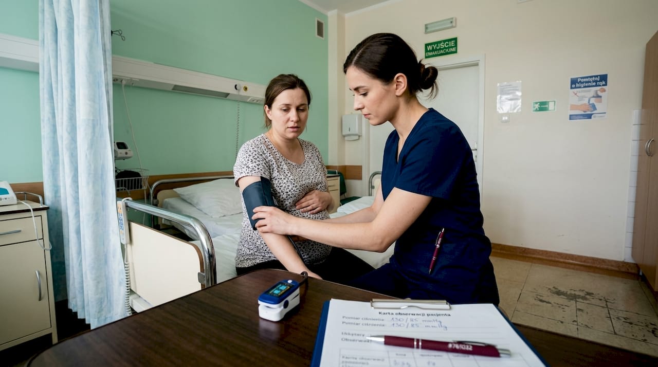 Pielęgniarka mierzy ciśnienie krwi u kobiety w ciąży.