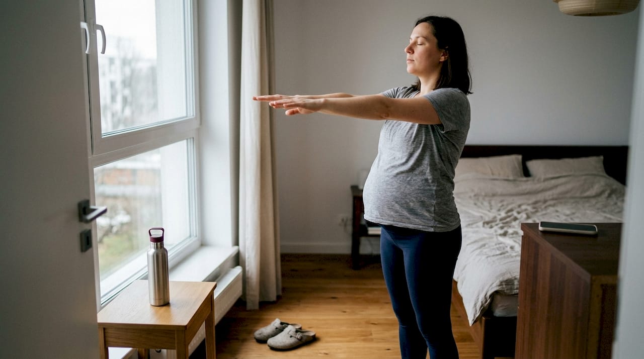 Kobieta w ciąży przeciąga się w sypialni, unosząc ręce do góry.