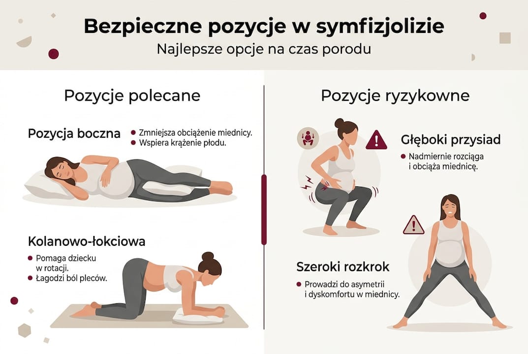 Grafika przedstawiająca zalecane pozycje ciała przy problemach z rozejściem spojenia łonowego