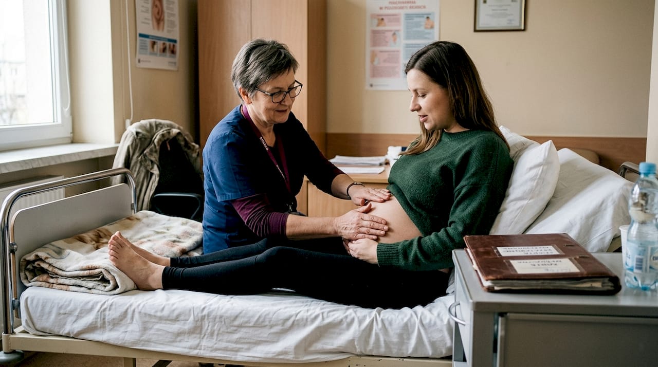 Położna sprawdza, czy wszystko w porządku z brzuchem przyszłej mamy.