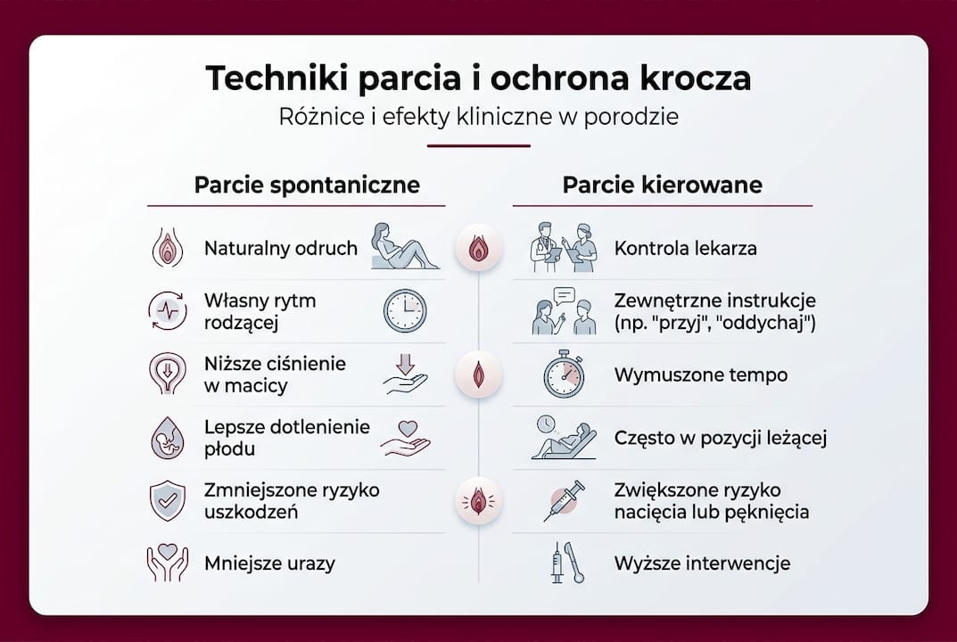 Infografika przedstawiająca skuteczne sposoby parcia oraz dbania o krocze podczas porodu