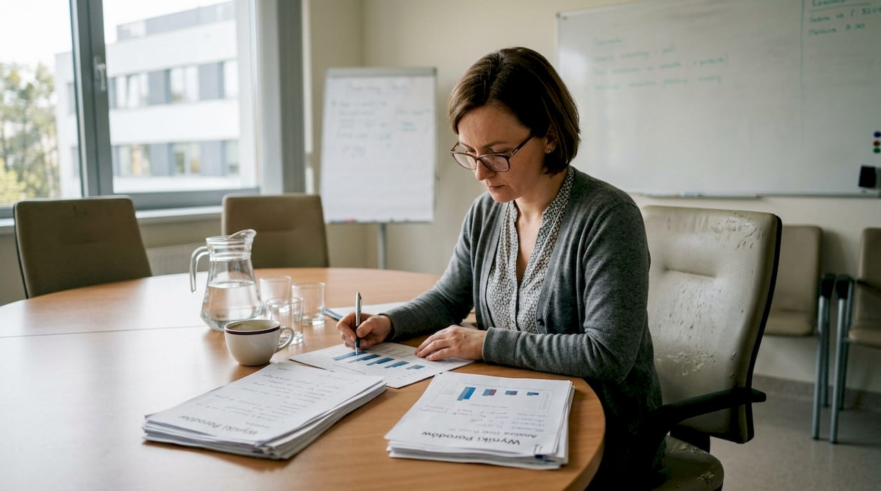 Badacz analizuje dokumentację medyczną dotyczącą przebiegu porodu.