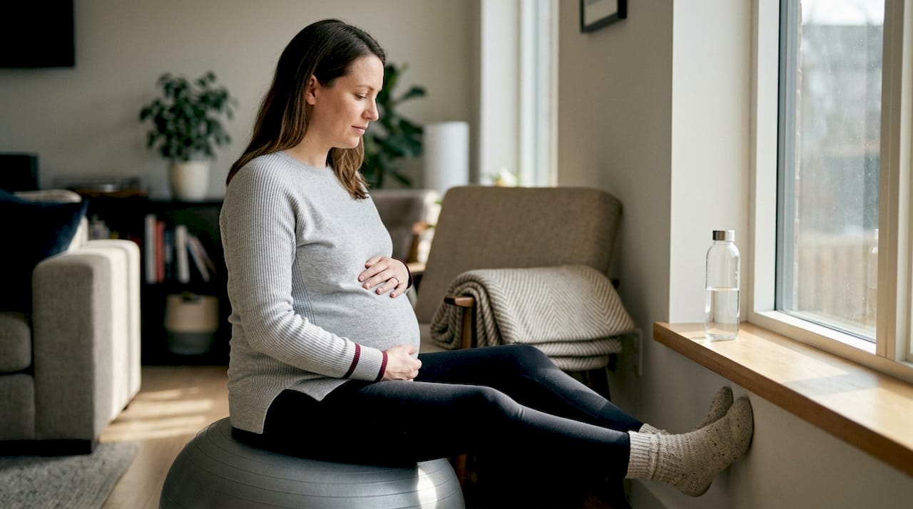 Kobieta w ciąży delikatnie buja się na piłce porodowej