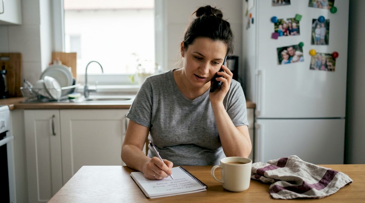 Kobieta w ciąży siedzi przy kuchennym stole i dzwoni do szpitala, żeby umówić się na wizytę.