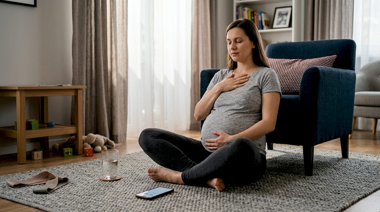 Przyszła mama ćwicząca oddech w zaciszu własnego domu