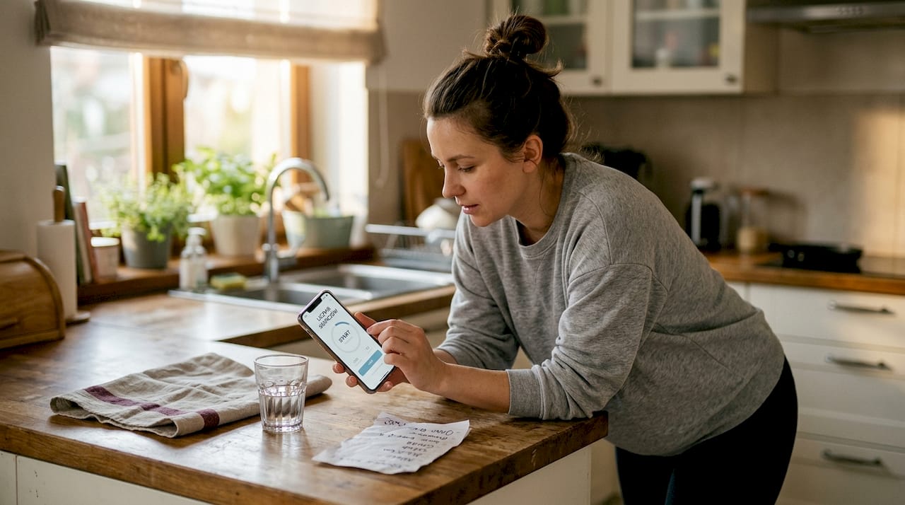 Kobieta stoi w kuchni i za pomocą telefonu mierzy czas między skurczami.