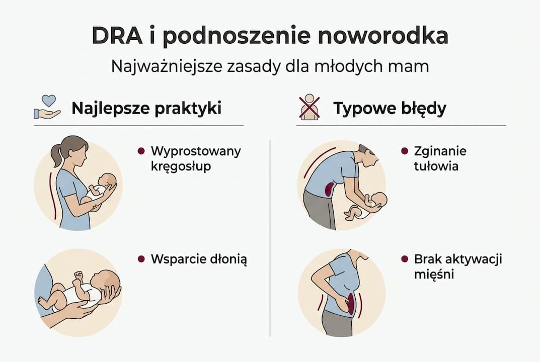 Infografika: Jak bezpiecznie podnosić noworodka przy rozejściu mięśni prostych brzucha (DRA)