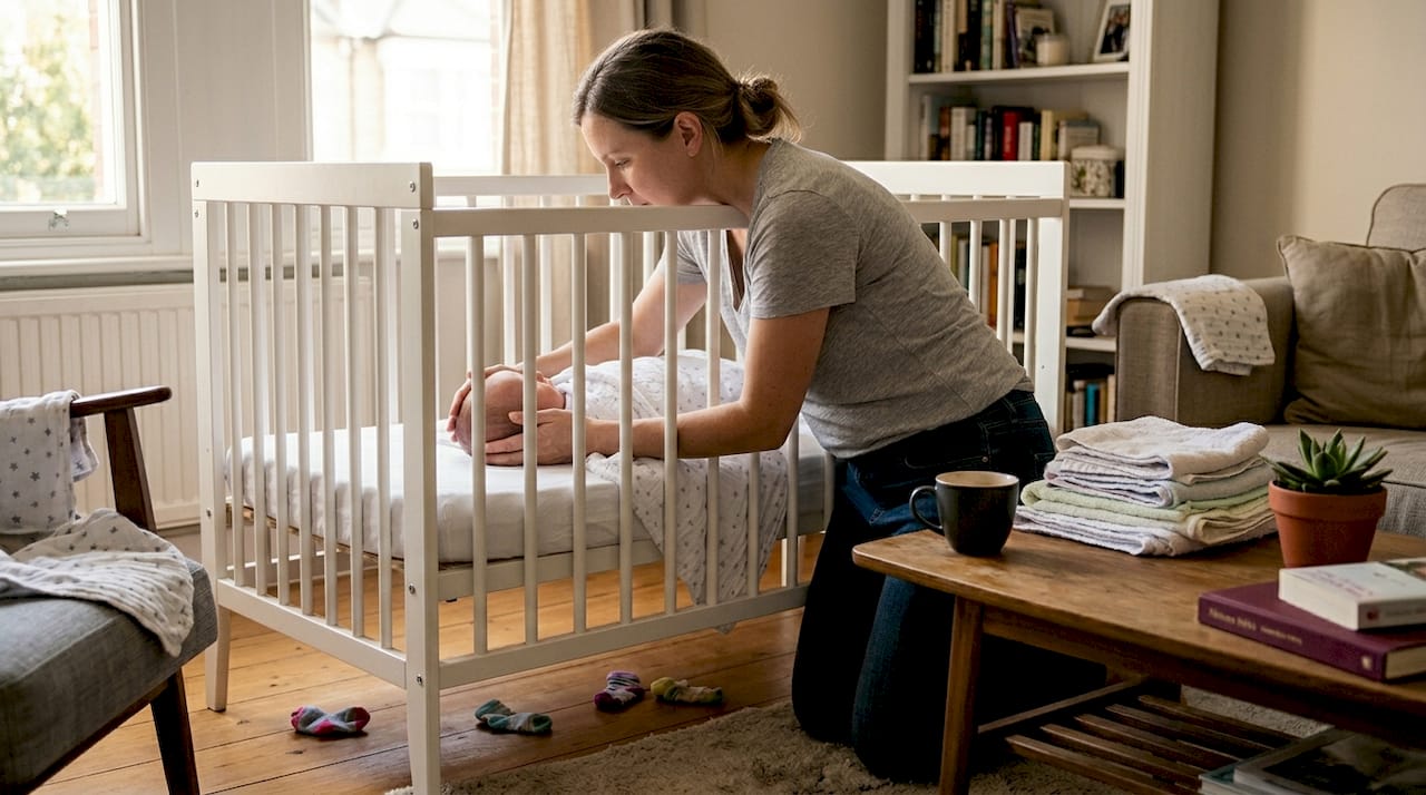 Mama ćwiczy podnoszenie dziecka w sposób bezpieczny dla kręgosłupa.