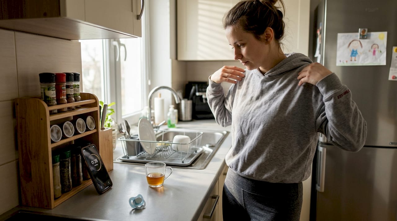 Mama, która wykorzystuje chwilę w kuchni, żeby poćwiczyć mięśnie ramion.