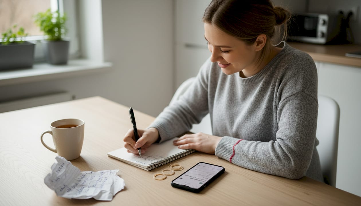Przy kuchennym stole kobieta spisuje swoje uczucia w osobistym dzienniku.
