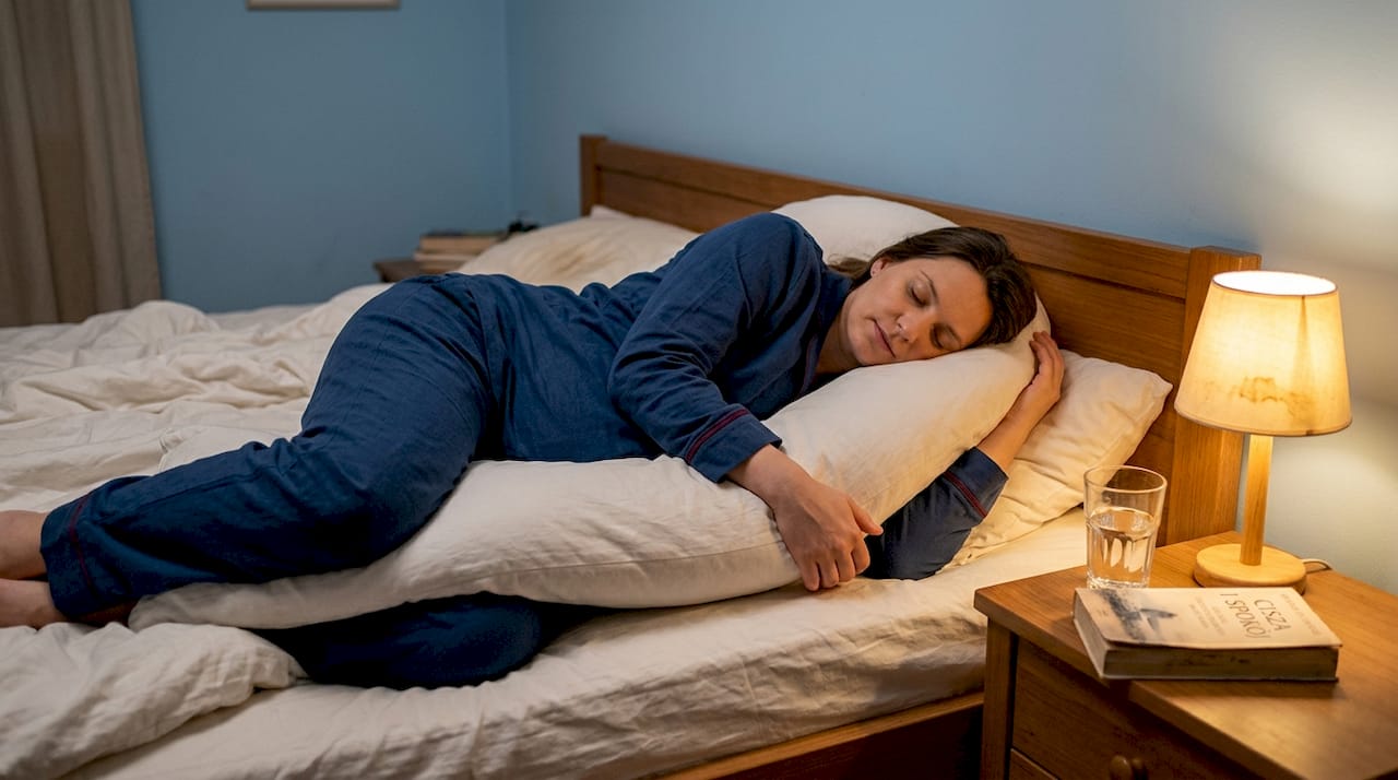 Kobieta w ciąży odpoczywająca w łóżku na lewym boku