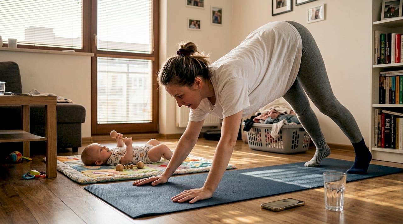 Kobieta rozciąga się na macie, a obok niej bawi się niemowlę.