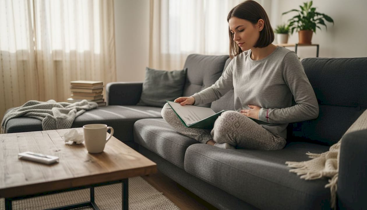 Kobieta siedzi wygodnie na kanapie w domu i przegląda swoje wyniki badań lekarskich.