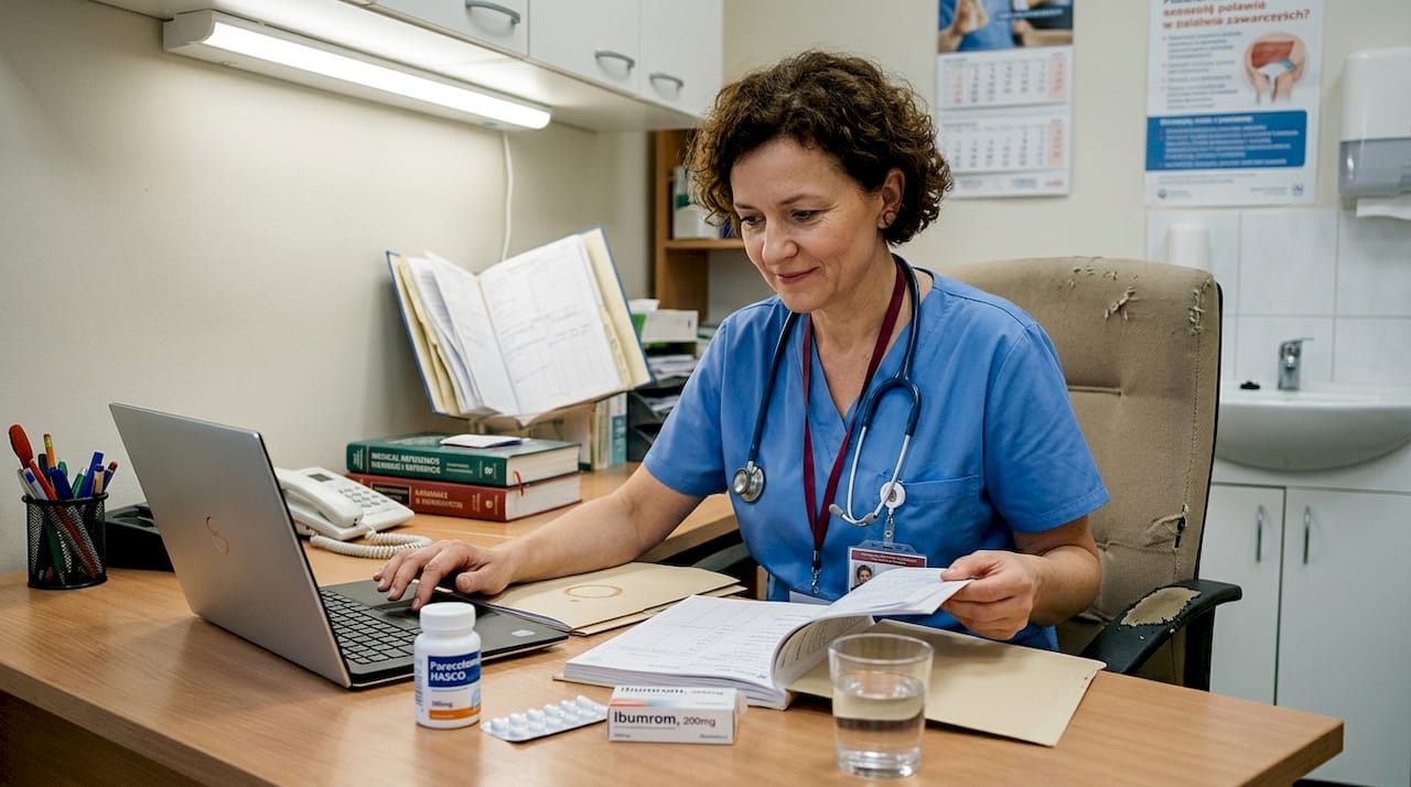 Lekarz analizuje dostępne opcje leczenia bólu głowy, zastanawiając się, które leki mogą przynieść pacjentowi najlepszą ulgę.