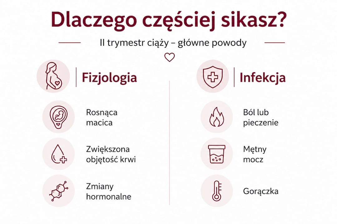 Na infografice zestawiono ze sobą fizjologiczne oraz infekcyjne powody częstszego parcia na mocz.