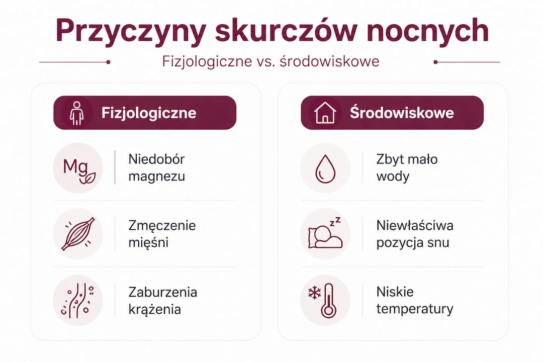 Infografika: najczęstsze powody nocnych skurczów łydek – podział na dwie główne grupy