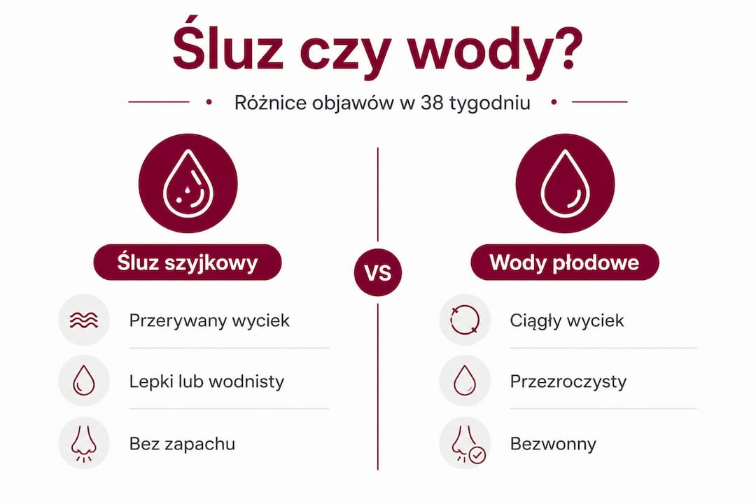 Infografika: jak odróżnić objawy odejścia śluzu od odejścia wód płodowych