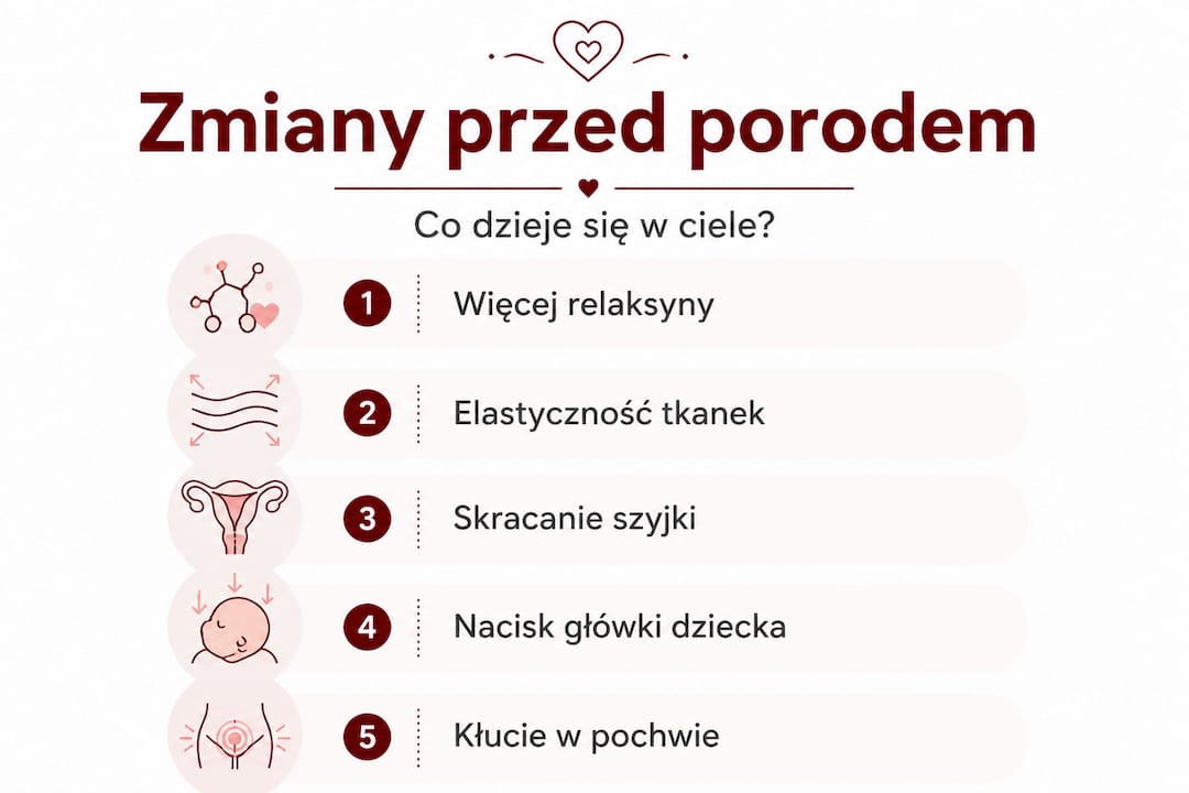 Infografika przedstawiająca, jak zmienia się ciało kobiety w ostatnich tygodniach przed porodem