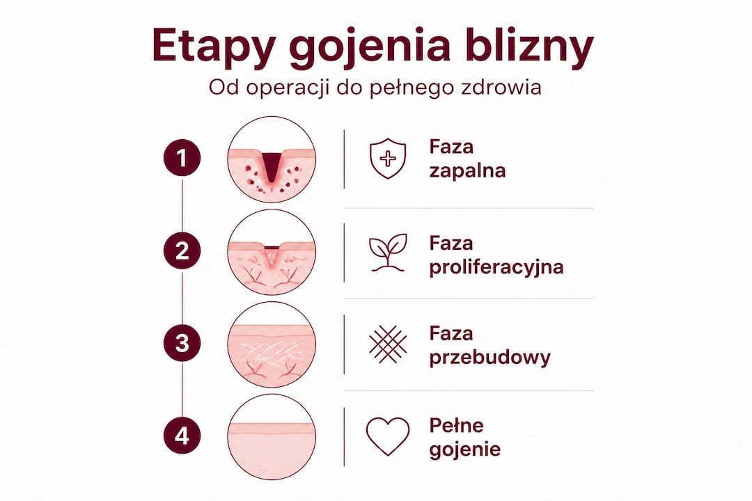 Grafika przedstawiająca kolejne fazy gojenia się blizny po cesarskim cięciu