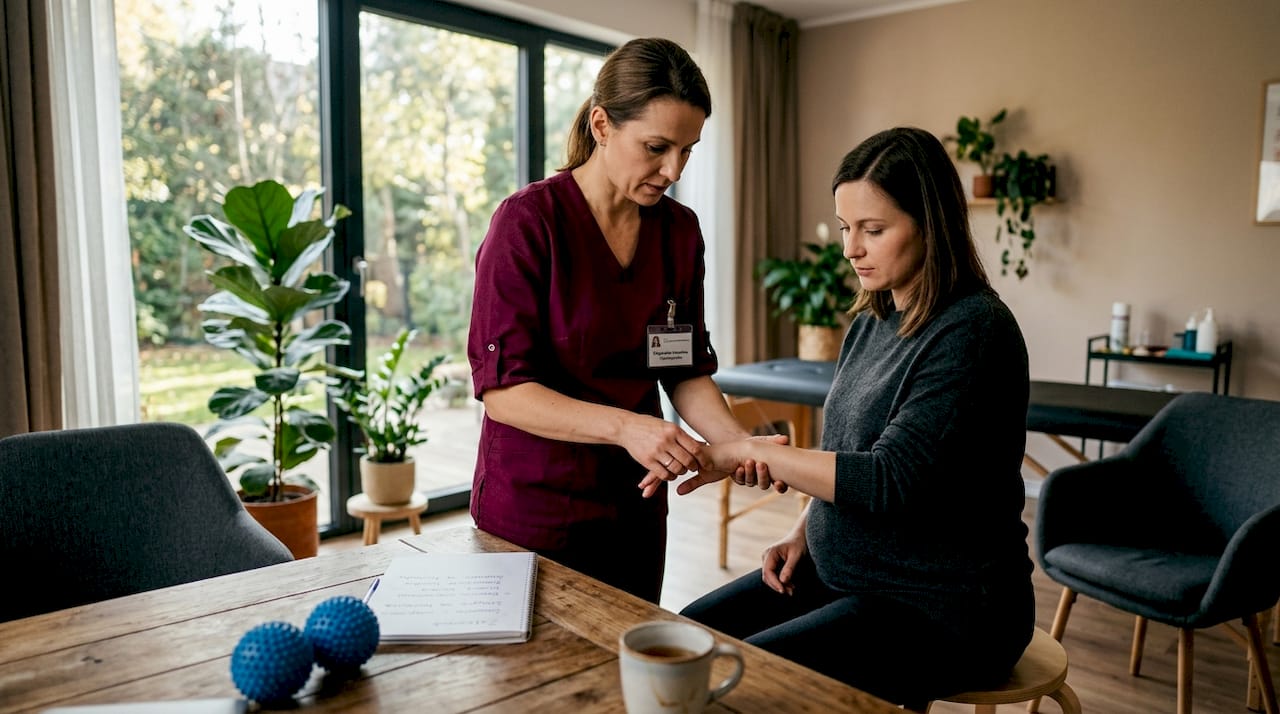 Fizjoterapeuta pokazuje przyszłej mamie ćwiczenia dłoni, które mogą pomóc w okresie ciąży.