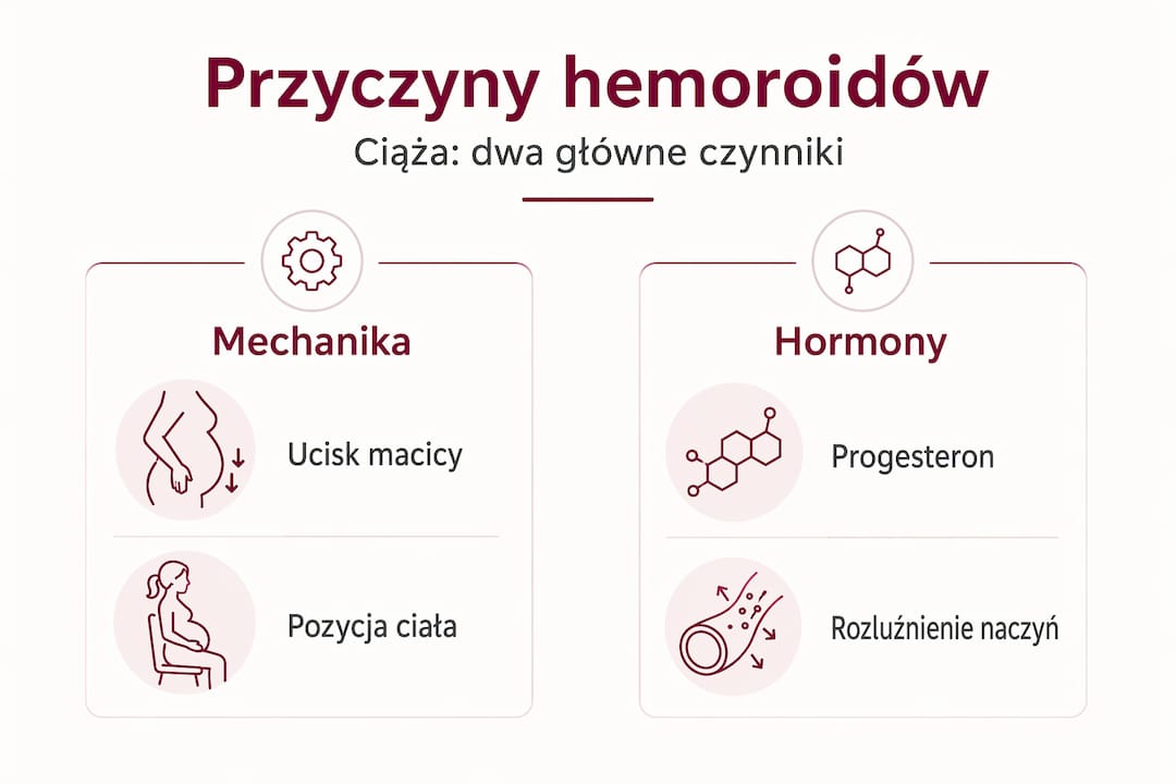 Na infografice przedstawiono dwie główne przyczyny powstawania hemoroidów.
