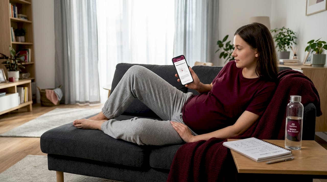 Kobieta w ciąży wykonująca masaż limfatyczny w domowym zaciszu