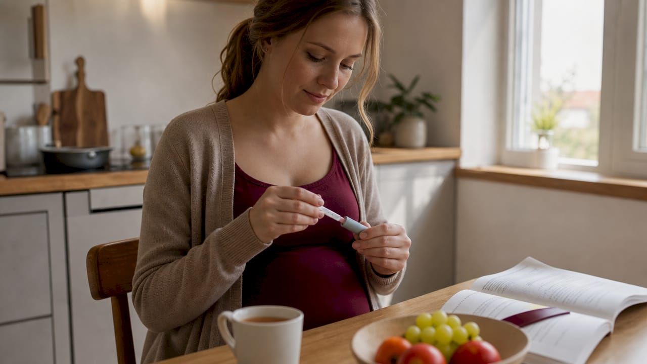 Kobieta w ciąży wykonuje test AmnioCheck, umieszczając pasek diagnostyczny.