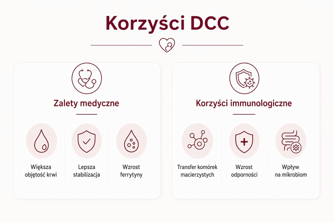 Infografika pokazująca, dlaczego warto poczekać z przecięciem pępowiny