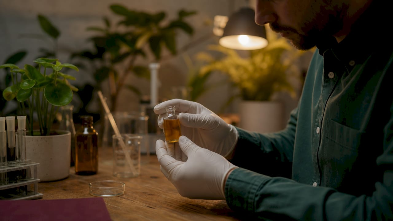 Naukowiec trzyma w dłoniach fiolkę z hormonami, stojąc pośród aparatury laboratoryjnej.