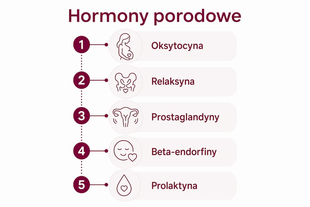 Grafika przedstawiająca najważniejsze hormony związane z porodem oraz ich rolę w tym procesie