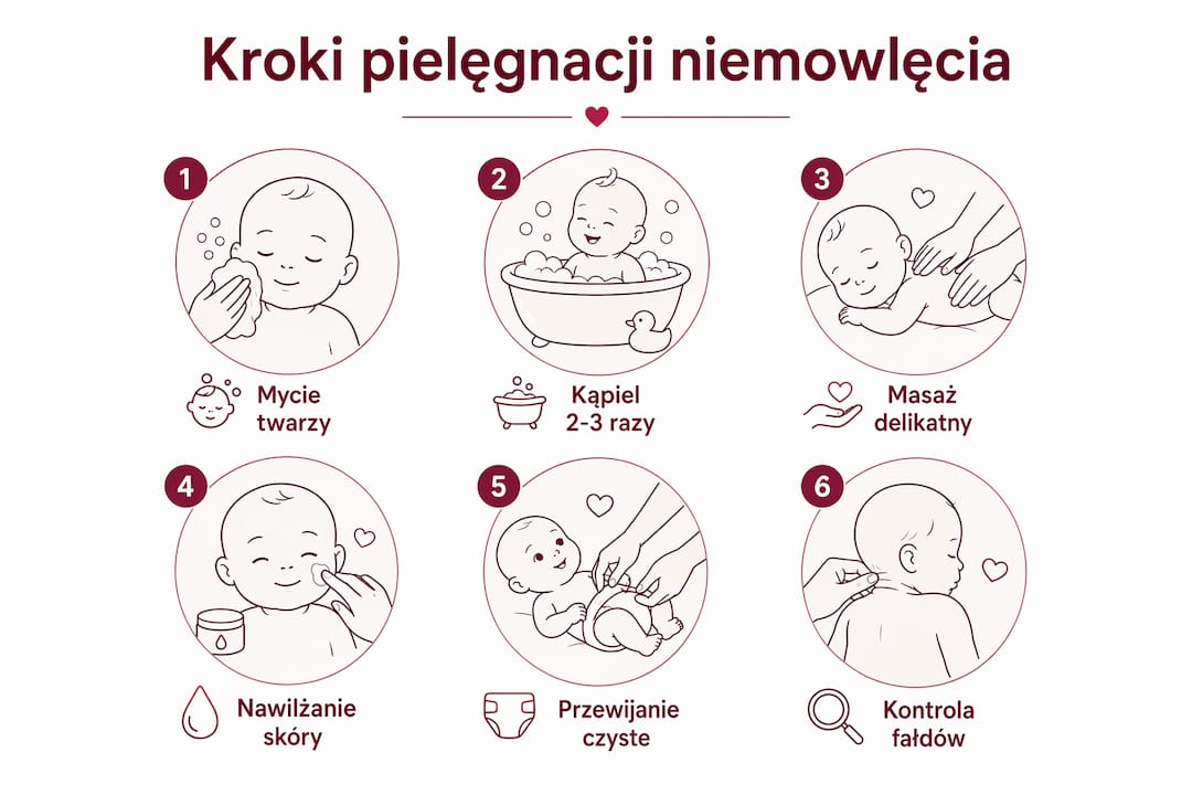 Praktyczny przewodnik po codziennej pielęgnacji maluszka – infografika z najważniejszymi krokami