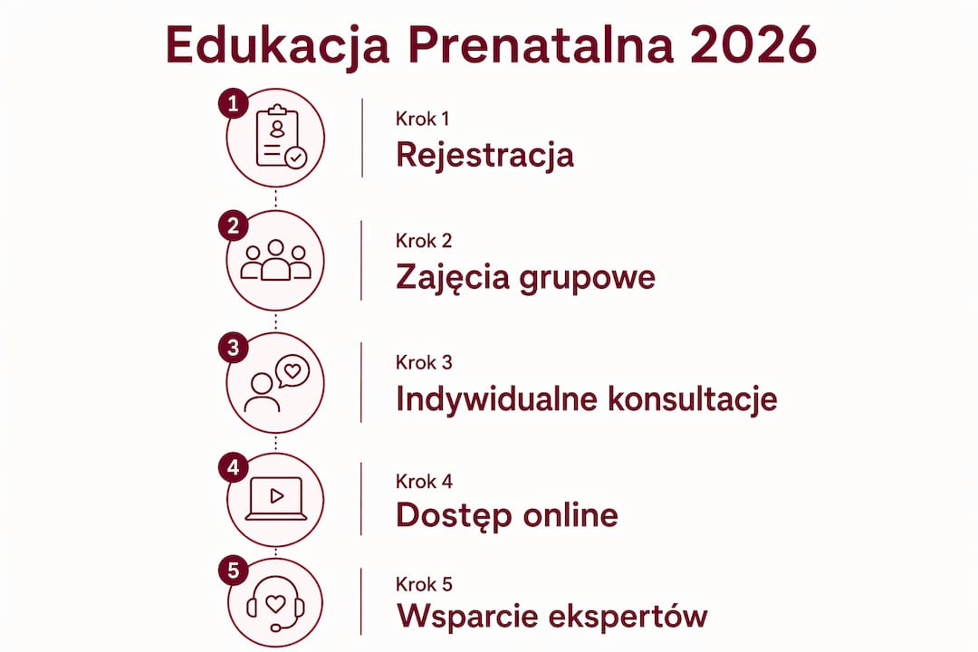 Infografika ukazująca kolejne fazy edukacji prenatalnej w 2026 roku