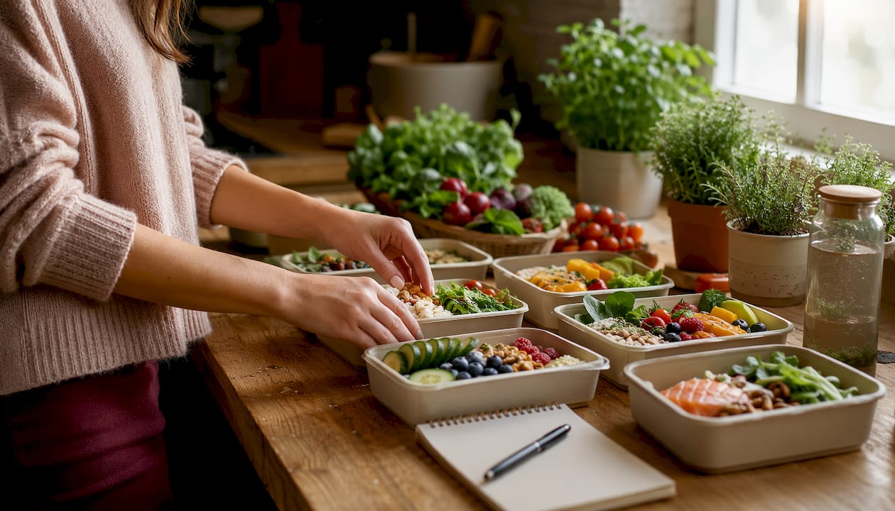 Ręce sięgające po zdrowe dania z cateringu
