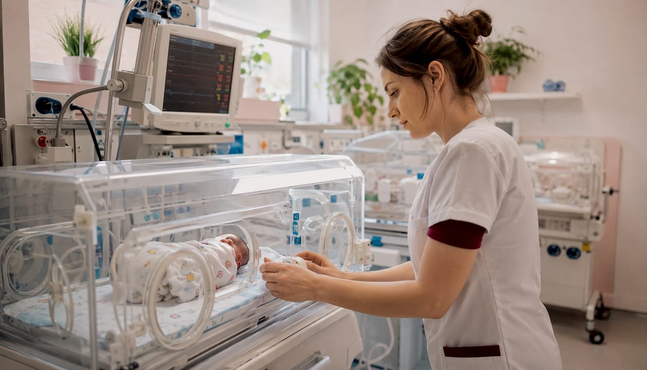 Pielęgniarka opiekuje się wcześniakiem leżącym w inkubatorze na oddziale noworodkowym.
